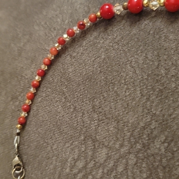 𝅺HANDMADE Red Coral Gold Swarovski Crystal Beaded Valentine's Necklace - Picture 6 of 9